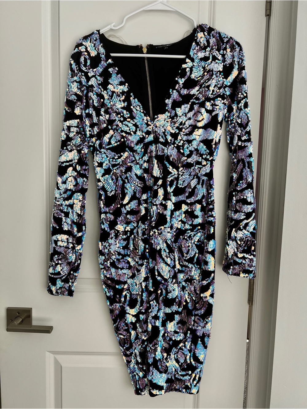 NEWFashion Nova Black Long Sleeve Sequin Dress with Iridescent Blue-Purple Shine